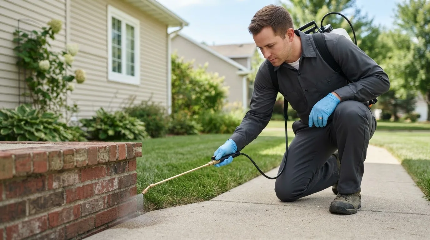 Pest control technician treating a home near Grover, CO
